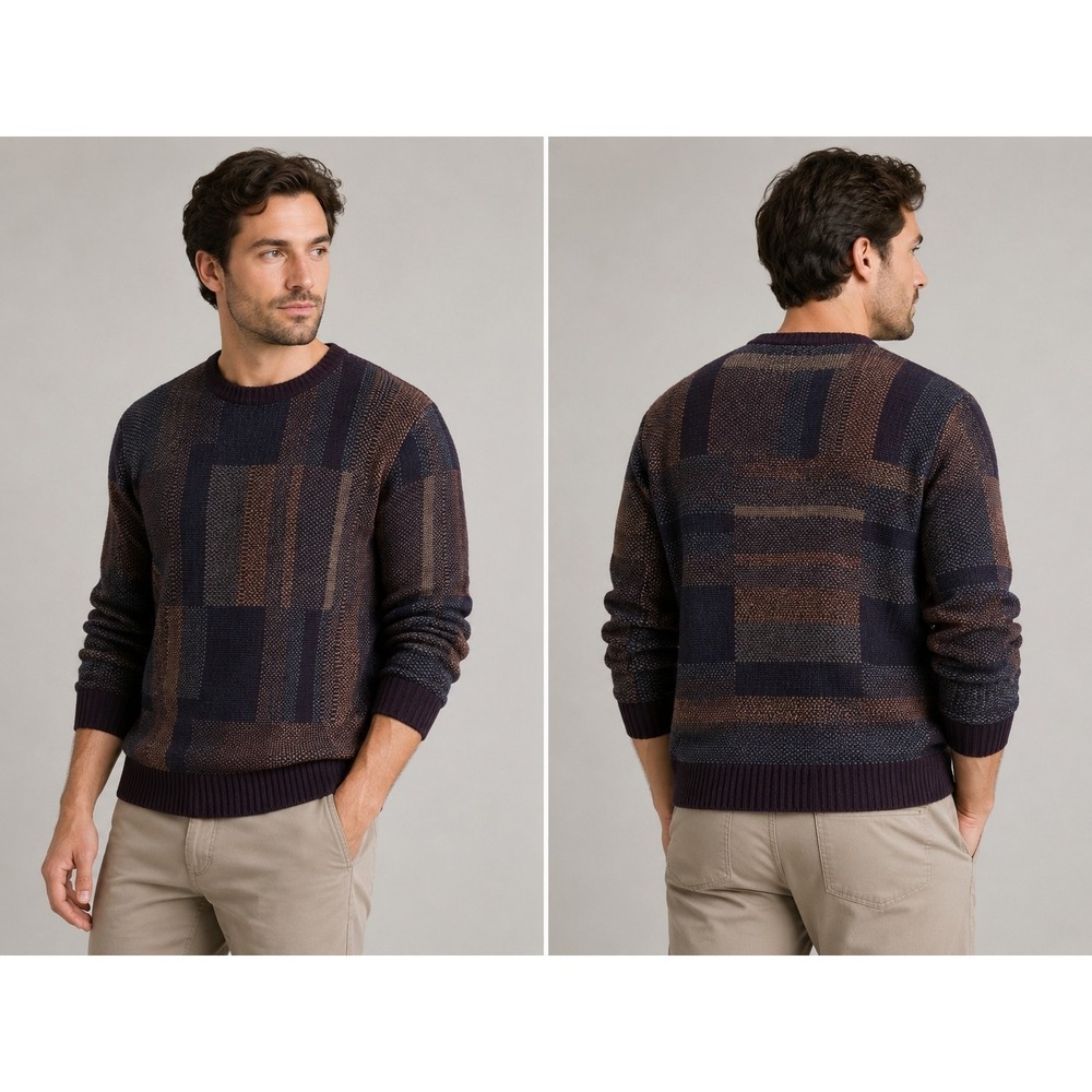 Geoffrey Beene Mens XL Burgundy Brown‎ Geometric Crewneck Sweater Knit Pullover